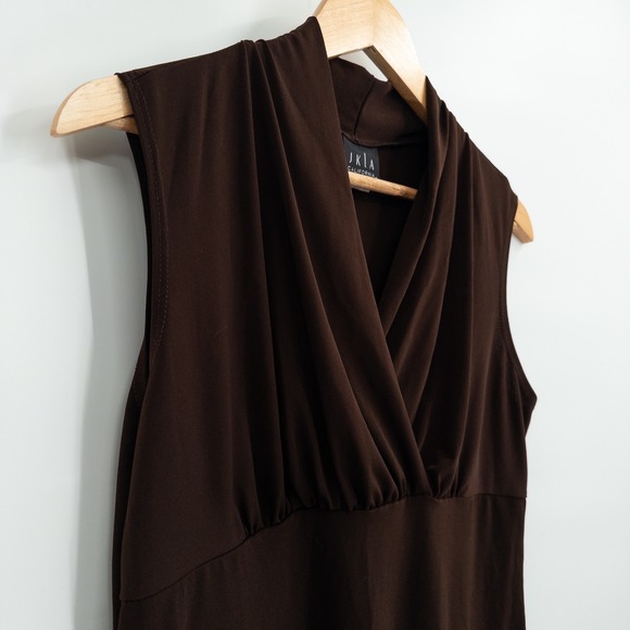 Vintage Y2K Brown Sleeveless Draped Surplice Top Womens L Stretchy Babydoll - Picture 4 of 6